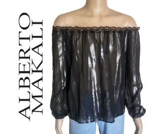 Vintage 90s Alberto Makali Convertible Top Off The Shoulder Blouse Puff Sleeves Square Neckline Black Metallic Animal Print Made in the USA