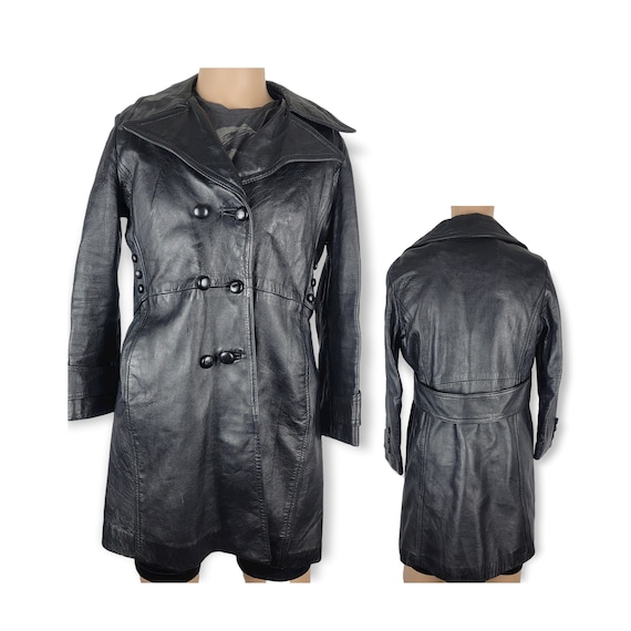 Vintage Black Leather Trench Coat - image 1