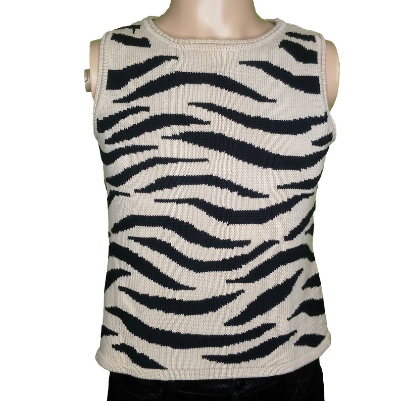 Vintage 80s Jones Wear Zebra Striped Sleeveless Sweater Vest Size Medium