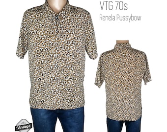 Vintage 70s Renela Leopard impresión Pussybow botón de manga corta frontal blusa superior de manga corta