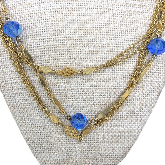 Vintage Multi Strand Gold Tone Blue AB Crystal Ne… - image 3