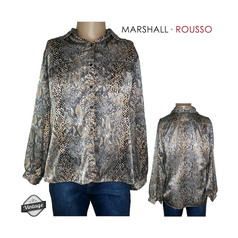 Vintage 80s Marshall Rousso Snake Print Button Front Shirt Blouse Sz Large