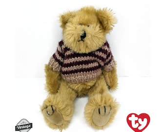 Vintage TY 1993 Jointed Teddy Bear Wearing a Knitted Sweater