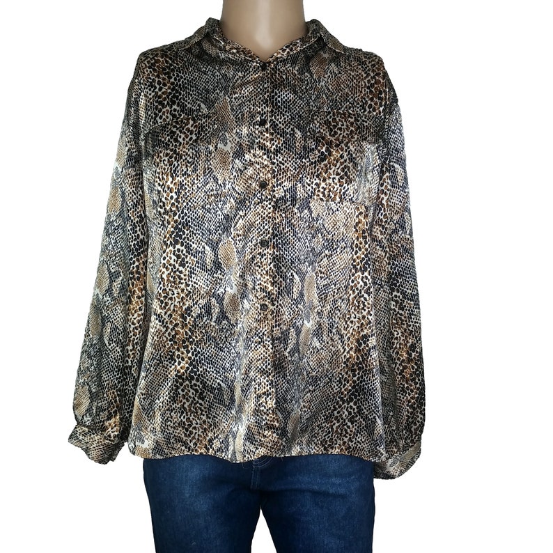 Vintage 80s Marshall Rousso Snake Print Button Front Shirt Blouse Sz Large