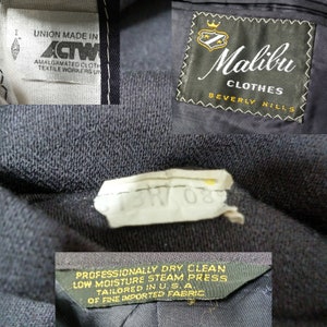 May include: A black blazer with a label that reads "Malibu Clothes Beverly Hills" and a union made in ACTW label. The blazer has a care label that reads "Professionally Dry Clean Low Moisture Steam Press Tailored in U.S.A. Of Fine Imported Fabric."
