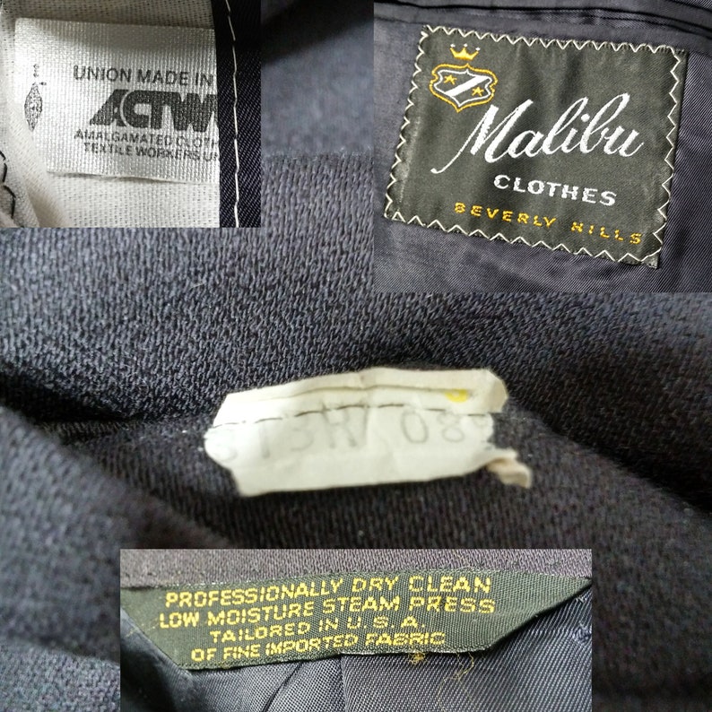 May include: A black blazer with a label that reads "Malibu Clothes Beverly Hills" and a union made in ACTW label. The blazer has a care label that reads "Professionally Dry Clean Low Moisture Steam Press Tailored in U.S.A. Of Fine Imported Fabric."