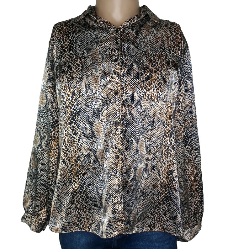 Vintage 80s Marshall Rousso Snake Print Button Front Shirt Blouse Sz Large