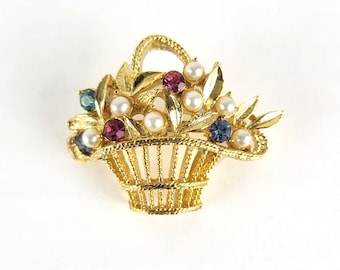 Broche Vintage Panier Avec Oiseaux Et Fleurs - Laiton Et Strass Multicolores - Occasion Rétro