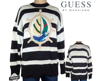 Vintage 80s Guess Marciano Striped Sailboat Knitted Sweater Size Medium