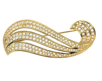 Vintage 90s Swarovski Swirl Wave Pave Crystal Gold Tone Brooch Pin