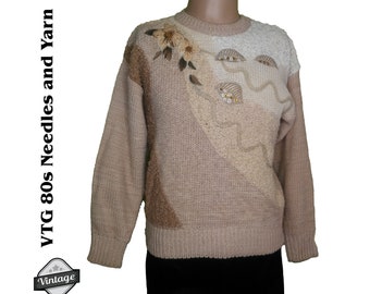 Vintage Needles and Yarn Embellished Faux Pearl Applique Pullover Sweater Size Small