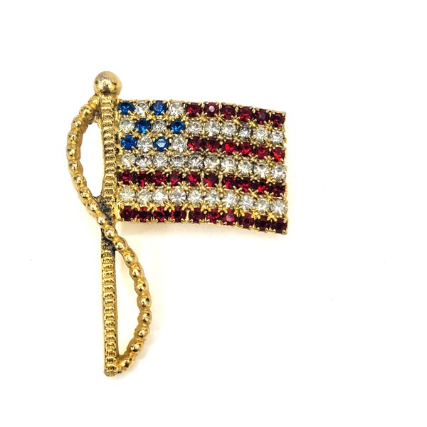 Vintage Rafaella USA Flag Crystal Rhinestone Flag Brooch Pin 2