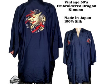 Vintage 1950s Japanese Silk Embroidered Dragon Kimono Blue Gold Robe