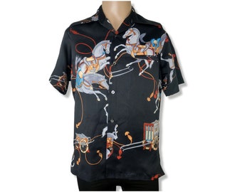 Vintage 80s Tori Richard Asian Horse Cart Hawaiian Button Front Shirt
