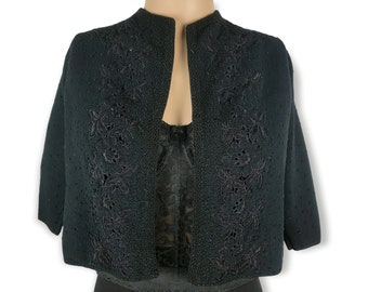 Vintage 50s Gene Shelly Black Wool Beaded Embroidered Cardigan Sweater