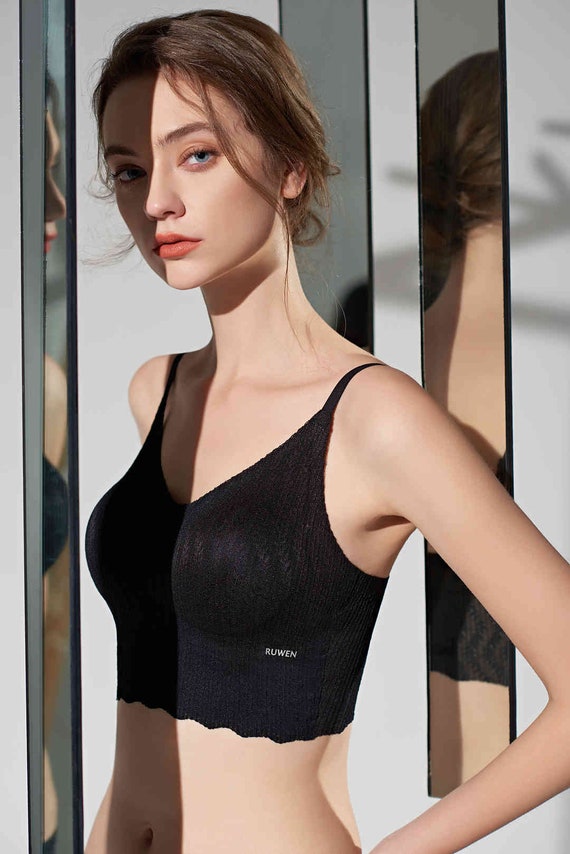 Women's Super comfy Charcoal Black Wheat Ear Lace Camisole | Seamless and wire free design | Perfect for summer and travel