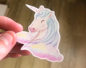 Watercolour Multicoloured Unicorn In Clouds Matte Vinyl Sticker | Magical Mythical Creature Decal