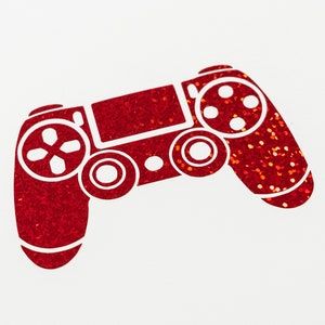 May include: Red glitter game controller silhouette on a white background.