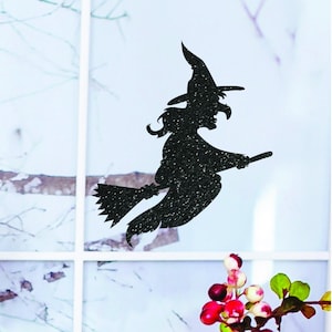 Vinyl Aufkleber Hexe auf Besenstiel - Schwarzer Glitzer Halloween Aufkleber