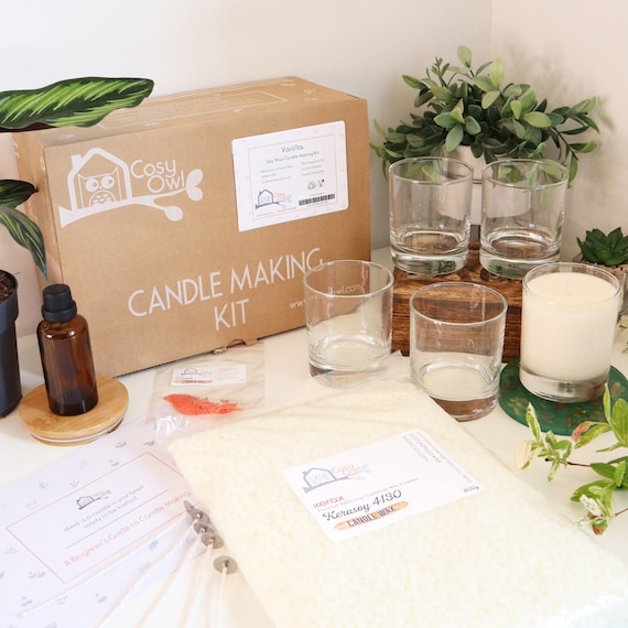 Candle Making Kit - Luxurious Vanilla Candles. 5 Candle Glass Container Kit With Soy Wax | Cosy Owl