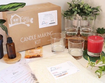 Candle Making Kit - Luxurious Cheeky Cherry Candles. 5 Candle Glass Container Kit With Soy Wax | Cosy Owl