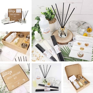 May include: A reed diffuser kit, featuring glass bottles, black reeds, and essential oil, presented in a brown cardboard box. The kit includes instructions for assembly. Designed for home fragrance, it offers a stylish scent solution.