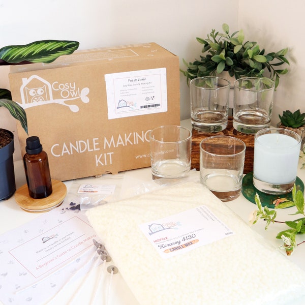 Candle Making Kit - Luxurious Fresh Linen Candles. 5 Candle Glass Container Kit With Soy Wax | Cosy Owl