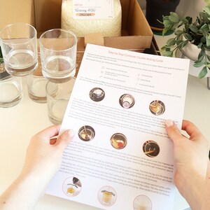 May include: A step-by-step guide for making container candles. The guide includes instructions and illustrations for melting wax, adding fragrance, and pouring the wax into glass containers. The guide also includes a list of materials needed for the project.