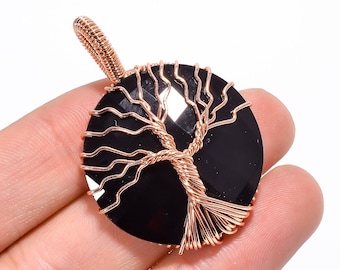 Black Onyx Necklace Black Onyx Jewelry Tree Pendant Family Gift For Friends Free Chain Life Tree Designed Faceted Gemstone Copper Pendant