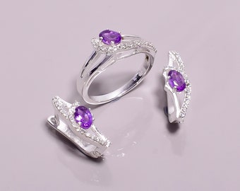 Amethyst 925 Sterling Silver Ring and Earring Set