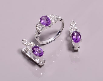 Amethyst 925 Sterling Silver Ring and Earring Set