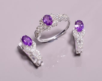 Amethyst 925 Sterling Silver Ring and Earring Set