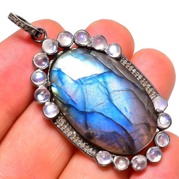 Pave Diamond 925 Sterling Silver Natural Blue Fire Labradorite - Etsy