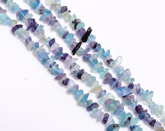 May include: A strand of blue and purple gemstone chips, with a mix of light and dark shades. The chips are irregular in shape and have a smooth, polished finish.