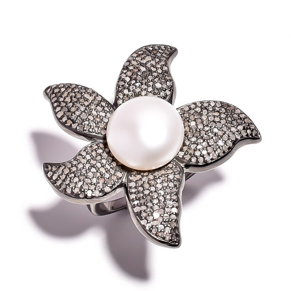 Pave Diamond pearl ring jewelery Pave And white diamond | Etsy