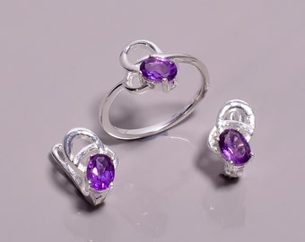Amethyst 925 Sterling Silver Ring and Earring Set