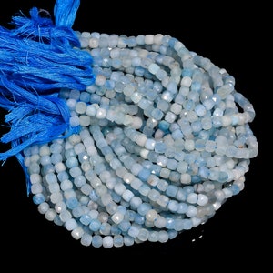 100% Natural Aquamarine Gemstone Box Shape Faceted Beads 4X4 mm Strand 8&quot; EB-525