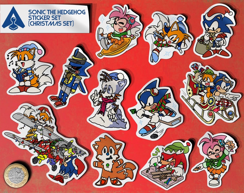 May include: A set of 10 Christmas-themed stickers featuring characters from the Sonic the Hedgehog video game series. The stickers feature Sonic, Tails, Knuckles, Amy, and other characters in various holiday-themed poses. The stickers are printed on high-quality vinyl and are perfect for decorating laptops, water bottles, notebooks, and more.