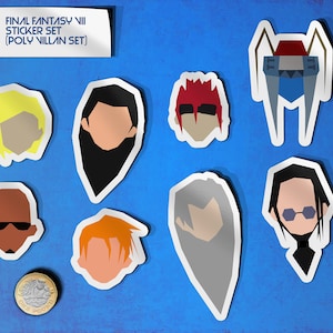 May include: A set of nine Final Fantasy VII sticker featuring various characters from the game. The stickers are in a poly style and feature characters like Sephiroth, Cloud, and Tifa.