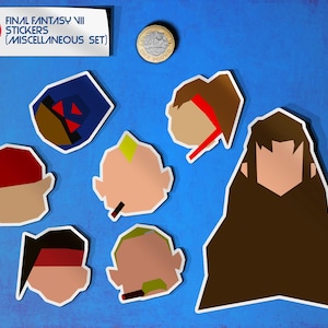 May include: A collection of Final Fantasy VII stickers featuring stylized character portraits. The stickers are in various colors, including blue, red, brown, and green, with white borders. The text "FINAL FANTASY VII STICKERS (MISCELLANEOUS SET)" is visible.