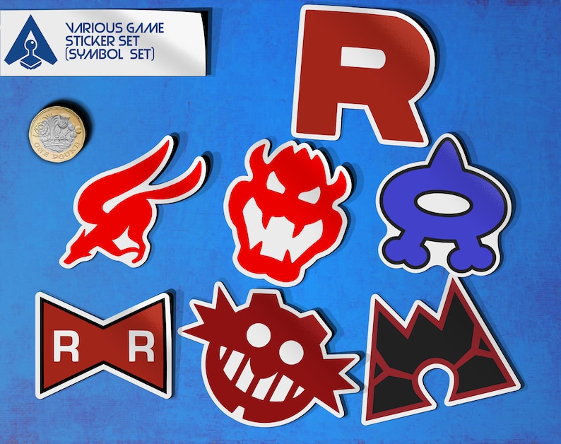 May include: A set of eight red, blue, and black game character symbol stickers. The stickers feature various symbols, including a fox, a dragon, a skull, a mountain, and a letter R.