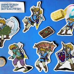 May include: A set of 7 Legend of Zelda stickers featuring Link in various poses and outfits. The stickers are printed on white paper with a glossy finish. The stickers are perfect for decorating laptops, water bottles, notebooks, and more.