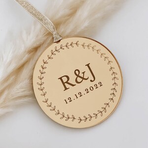 Personalised Initials and Wedding Date christmas decoration, Monogram, rose gold, gold, silver tree decoration bauble