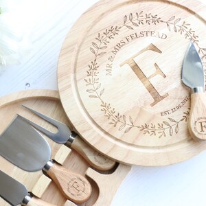 Personalised Cheese board with set of knives , Laser engraved monogram perfect for weddings and anniversarys cheese lovers gift image 1