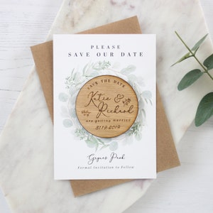 Wedding Save the Date with Wooden Magnet, Eucalyptus Botanical Wreath, Modern Magnetic Floral Save the Dates, Laser Engraved Magnet