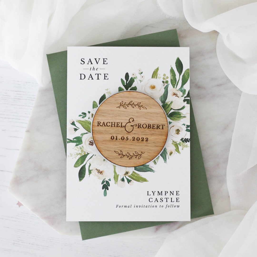 Floral Wooden Magnet Save the Date for Weddings, White Floral Wreath ...