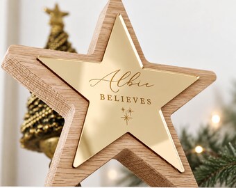 Personalised Believe Star, Freestanding Wooden Star with Gold Mirror, Engraved Christmas Decoration, Custom Believe Gift, Shelf Decor