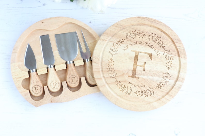 Personalised Cheese board with set of knives , Laser engraved monogram perfect for weddings and anniversarys cheese lovers gift image 5