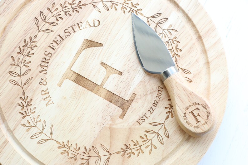 Personalised Cheese board with set of knives , Laser engraved monogram perfect for weddings and anniversarys cheese lovers gift image 6