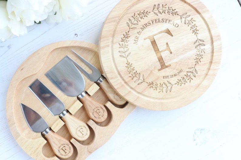 Personalised Cheese board with set of knives , Laser engraved monogram perfect for weddings and anniversarys cheese lovers gift image 4